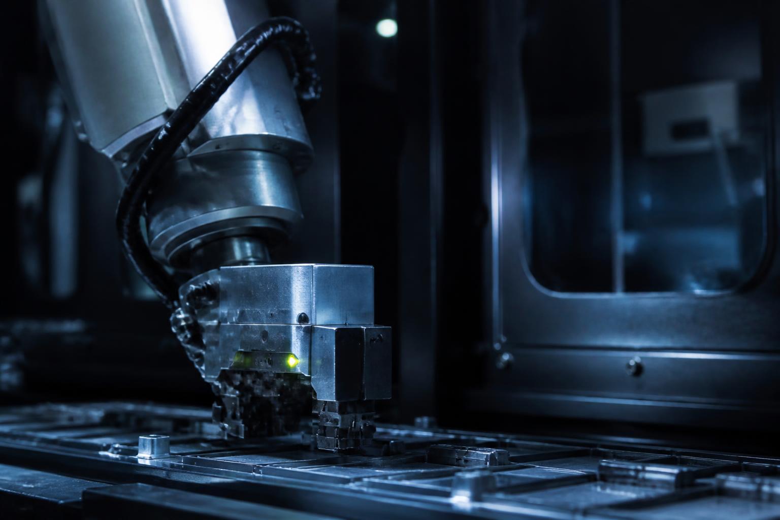 Robotic end effector working over a fixture on a production line